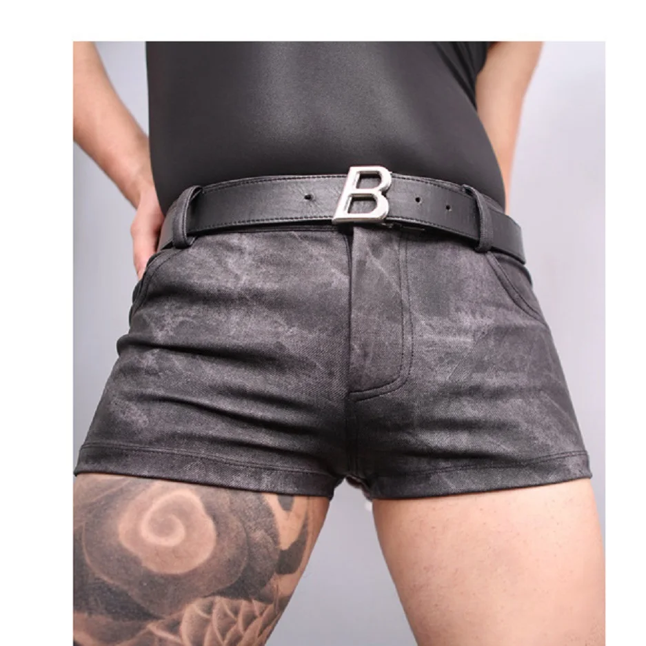 Korean Style Jeans Texture PU Men Thin Casual Boxer Shorts Jeans Wear Tight Do Old Straight Foot Men Convex Fork Short Trousers