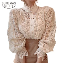 Spring Hollow Out Lace Shirt Women Blusas Mujer De Moda 2021 Office Lady Flower Blouse Stand Collar Button Female Clothing 12419