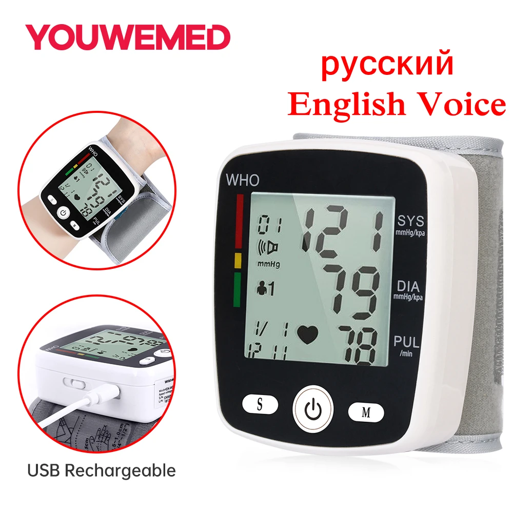 

USB Rechargeable Wrist Blood Pressure Monitor FDA Approved Russian English Voice Tonometer Best Automatic Digita Sphygmomanom