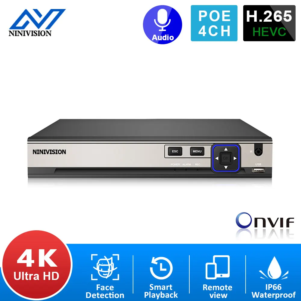 

IP-камера видеонаблюдения NINIVISION H.265 4K POE NVR, система видеонаблюдения ONVIF 4 МП 5 Мп 8 Мп, сетевой видеорегистратор 4 канала