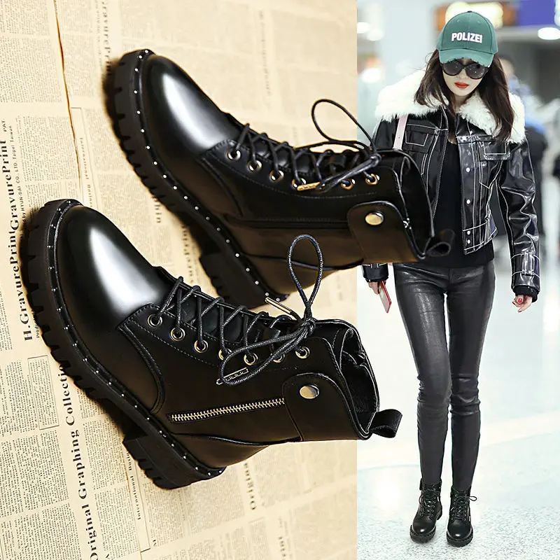 

Ankle Boots for Women 2020 Autumn Motorcycle Boots Thick Heel Platform Shoes Woman Slip on Round Toe Fashion Martin Boots