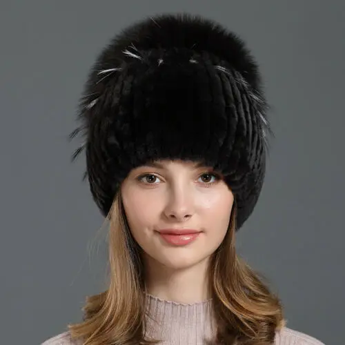 Brown Женская шапка из лисьего меха, теплая шапка из натурального меха кролика Рекс, шапка с серебряной шляпой, женская теплая зимняя шапка, женская элегантная шапка принцессы - Цвет: Brown