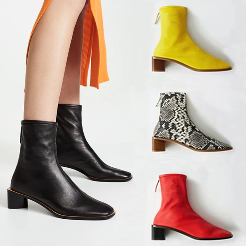 Новинка Весна 2020 кожаные ботильоны модные ботинки с квадратным носком и молнией