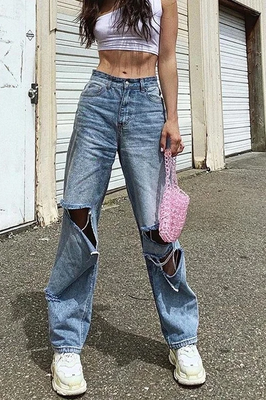 

90's Retro Distressed Worn Jeans Women's All-Match High Waist Slimming Casual Pants Fashion