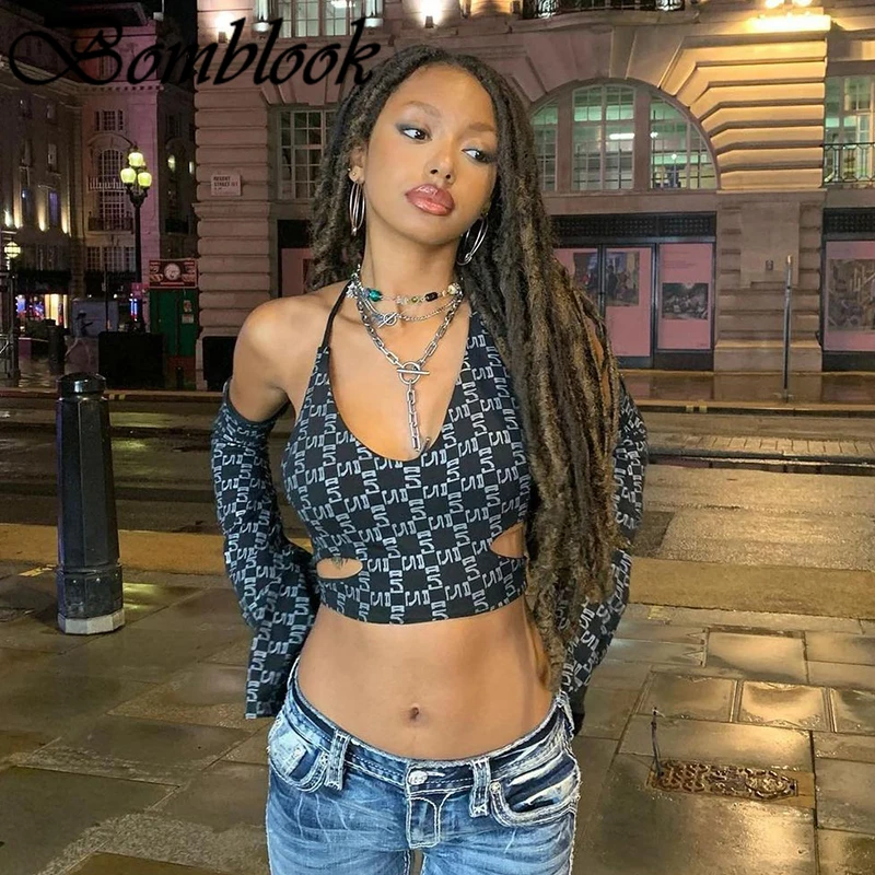 

Bomblook Leisure Vacation Women's Printed Tops Autumn 2021Flare Sleeve Backless Lace Up Off Shoulder Crop Tops Female Streetwear