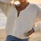 Женский мохеровый вязаный жилет, свободный винтажный кардиган с длинными рукавами-фонариками и V-образным вырезом, Осень-зима 2022