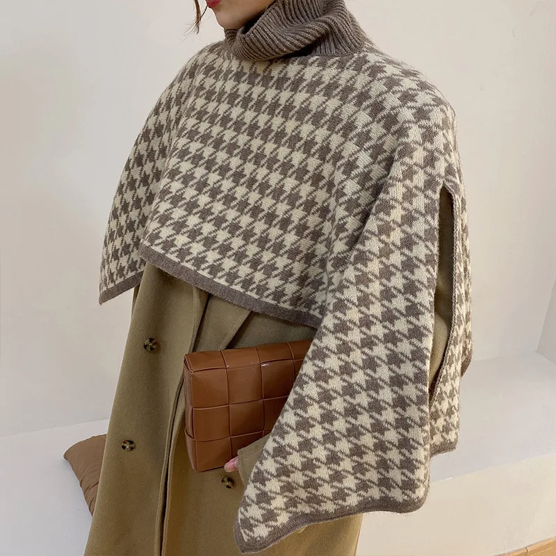 

Korean high neck knitted scarf Cape irregular split women's warm shawl wrap