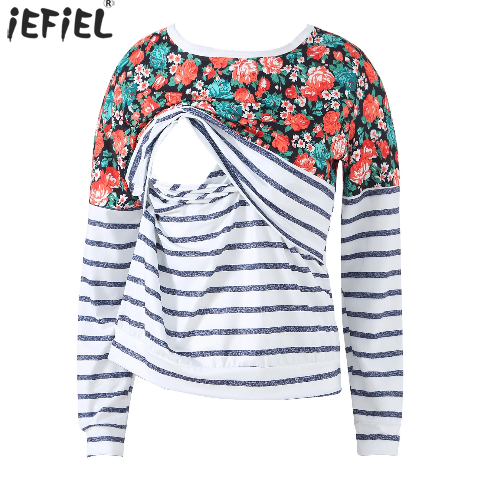 

Женская футболка для грудного вскармливания, топы для кормящих матерей, Цветочная Лоскутная футболка с длинным рукавом, футболка, повседне...