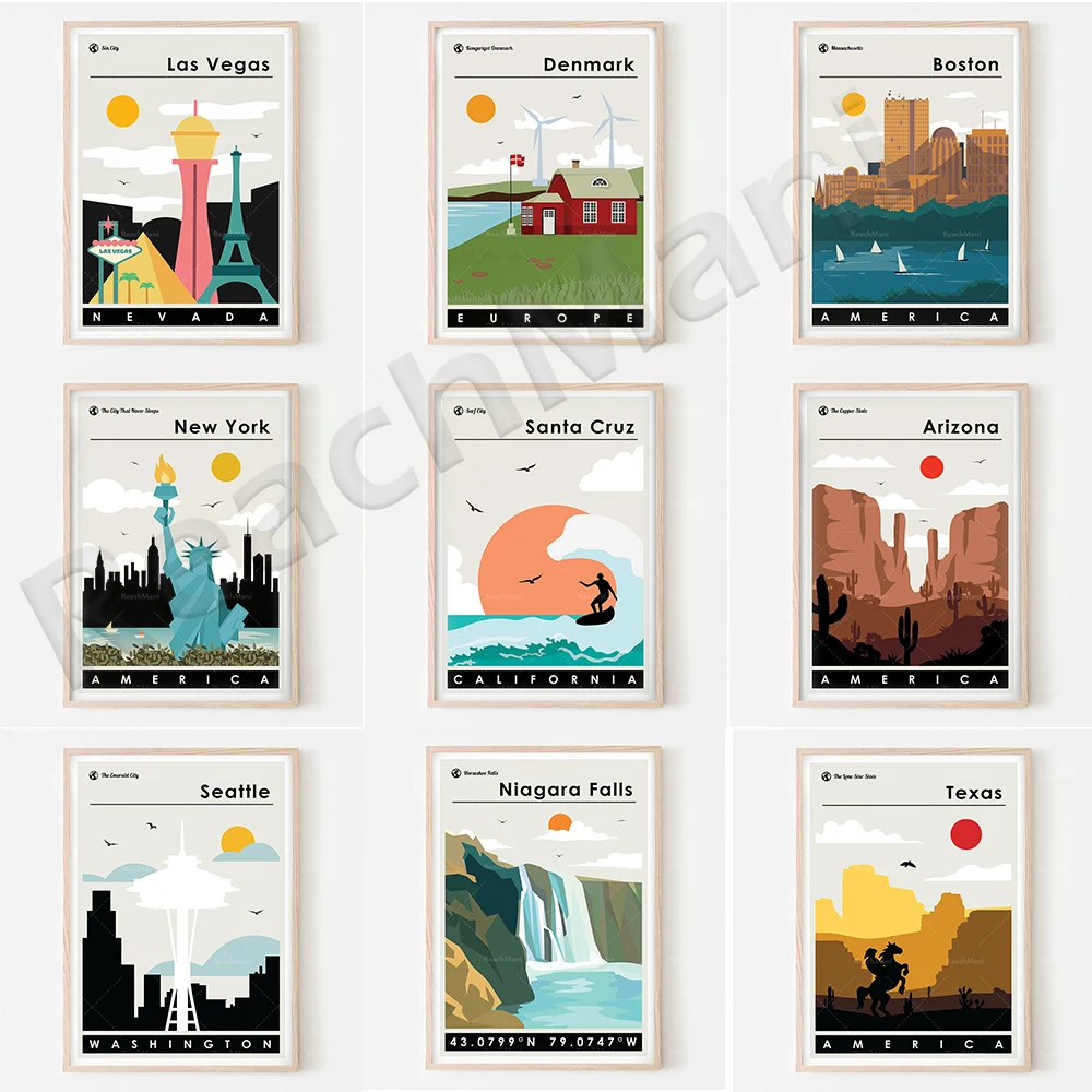 Дорожные плакаты Сан-Франциско Лагуна Ниагара Фолз Чикаго Миллениум парк