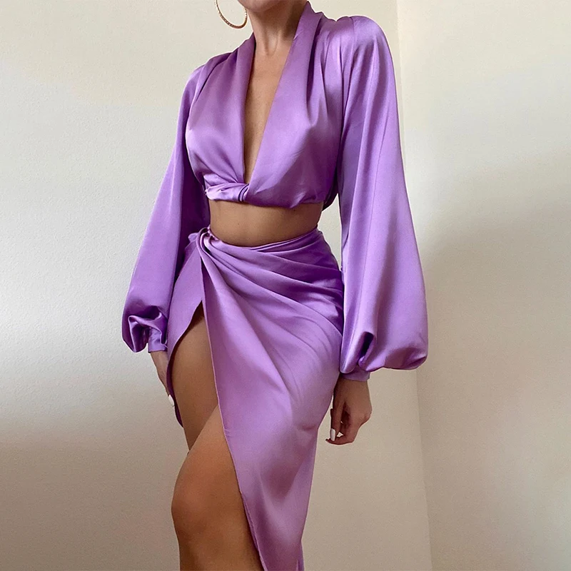 

Fashion Women Sexy Casual Two-piece Set Suit Sets Solid Deep V Long Sleeeve Satin Crop Top & Twisted Skirts Set