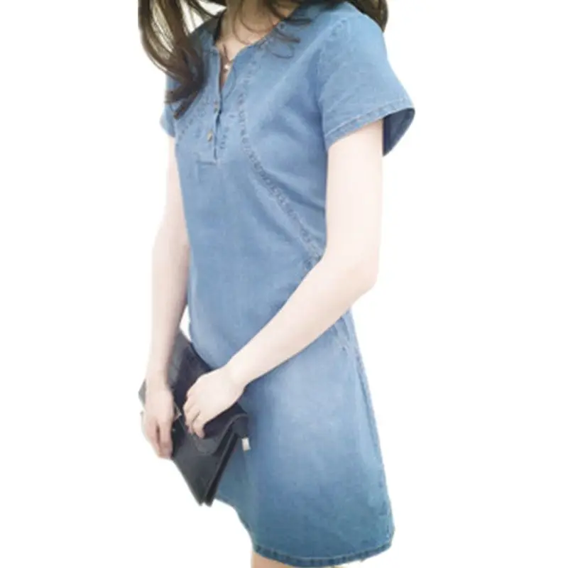 Летняя футболка с круглым вырезом повседневные джинсы платье из джинсовой ткани