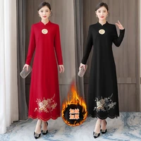 cashmere improved cheongsam chinese style thickened women red dress embroidery half open collar fashion ladies dresses