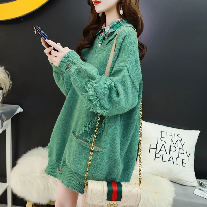 

Women Knitted Sweater Jumper Pullovers Khaki Orange Green Tassel Hole Knit V Neck Sweater Long Sleeve Korean Casual Knit Tops
