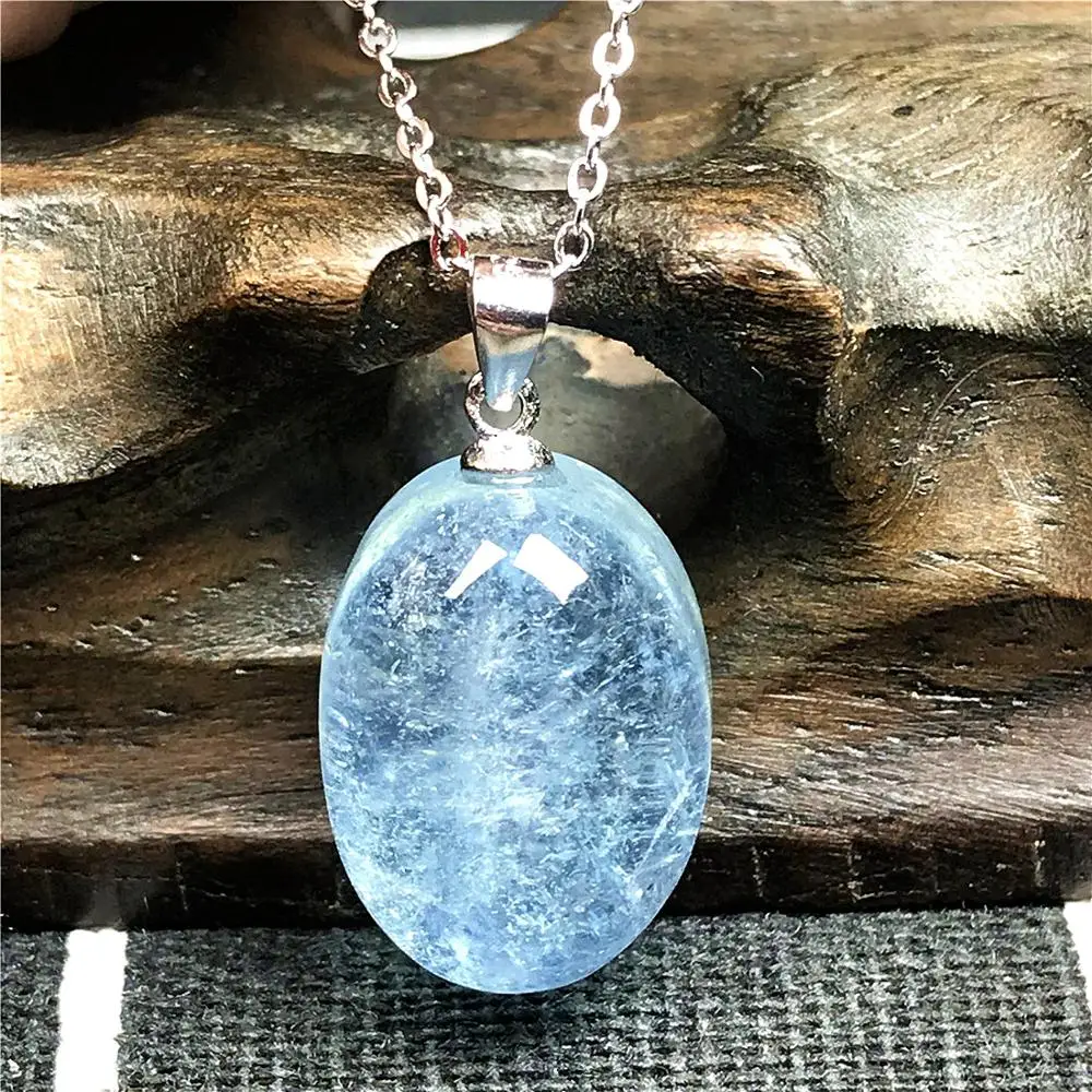 

Top Natural Blue Aquamarine Beads Pendant Necklace Jewelry For Woman Man Ocean Crystal 18x13x10mm Stone 925 Silver Chain AAAAA