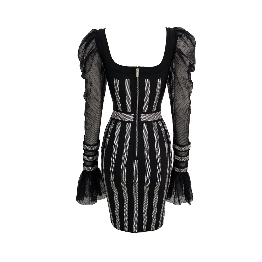 

Mesh bubble trumpet sleeve stripe heavy industry drill buttock dress short tight elastic star bandage skirt