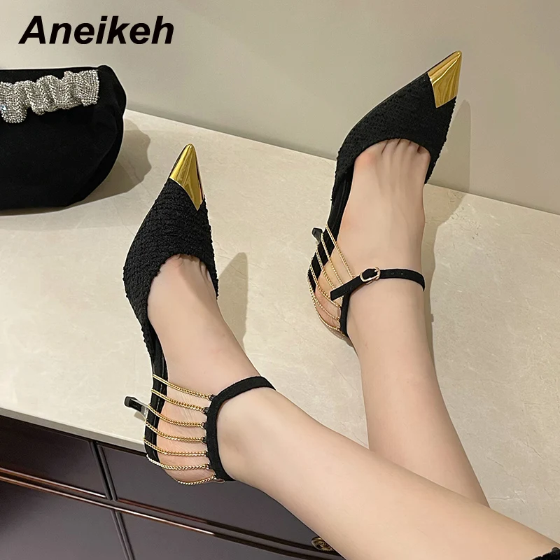 

Aneikeh 2022 Summer Women’s Shoes Fashion Elegant Flock Chain Thin Heels Pumps Rome Party Pointed Toe Shallow Buckle Strap Sexy