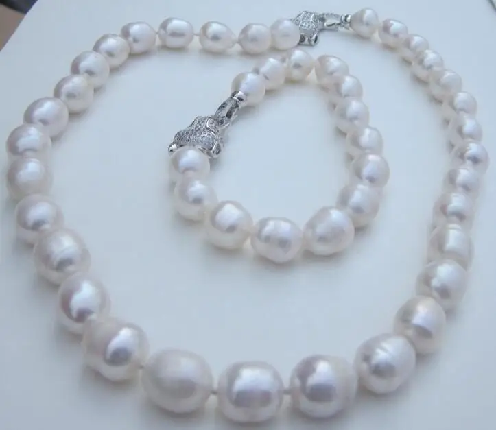 

Beautiful 12-13 mm natural white pearl necklace 18inch bracelet 8inch sets