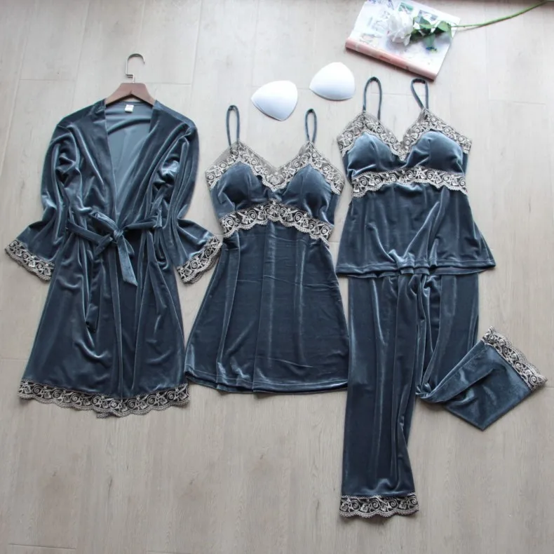 2022 New Spring Style Pajamas Women's Velvet 4Pcs Set with Breast Pad Sling Sexy Nightgown Home Clothes Lady Nightwear Sleepwear
