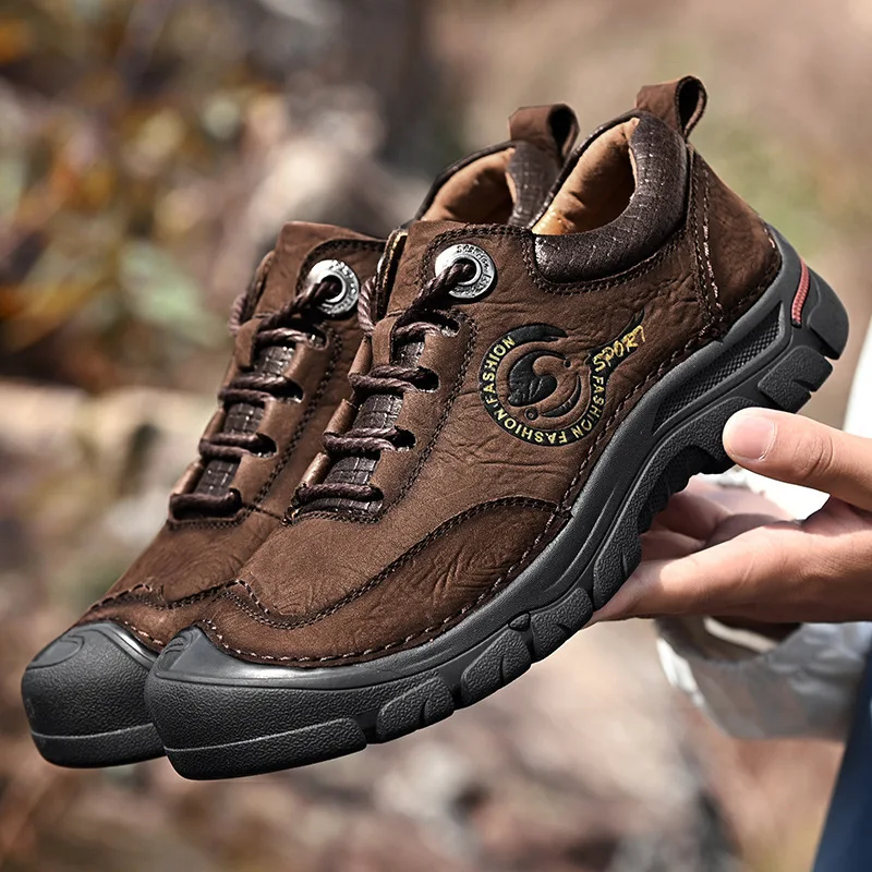 

2021 New Leather Hiking Shoes Round Toe Low-top Front Lace-up General Thick-heel Daily Flat-heel Thick-soled Men's Shoes