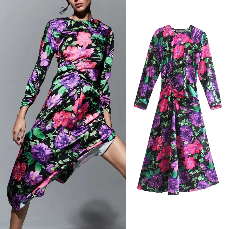 

Za Women Fashion Flowers Print Midi Dress Long Sleeve Ladies Vintage A-Line Dress Vestidos OZZ1284