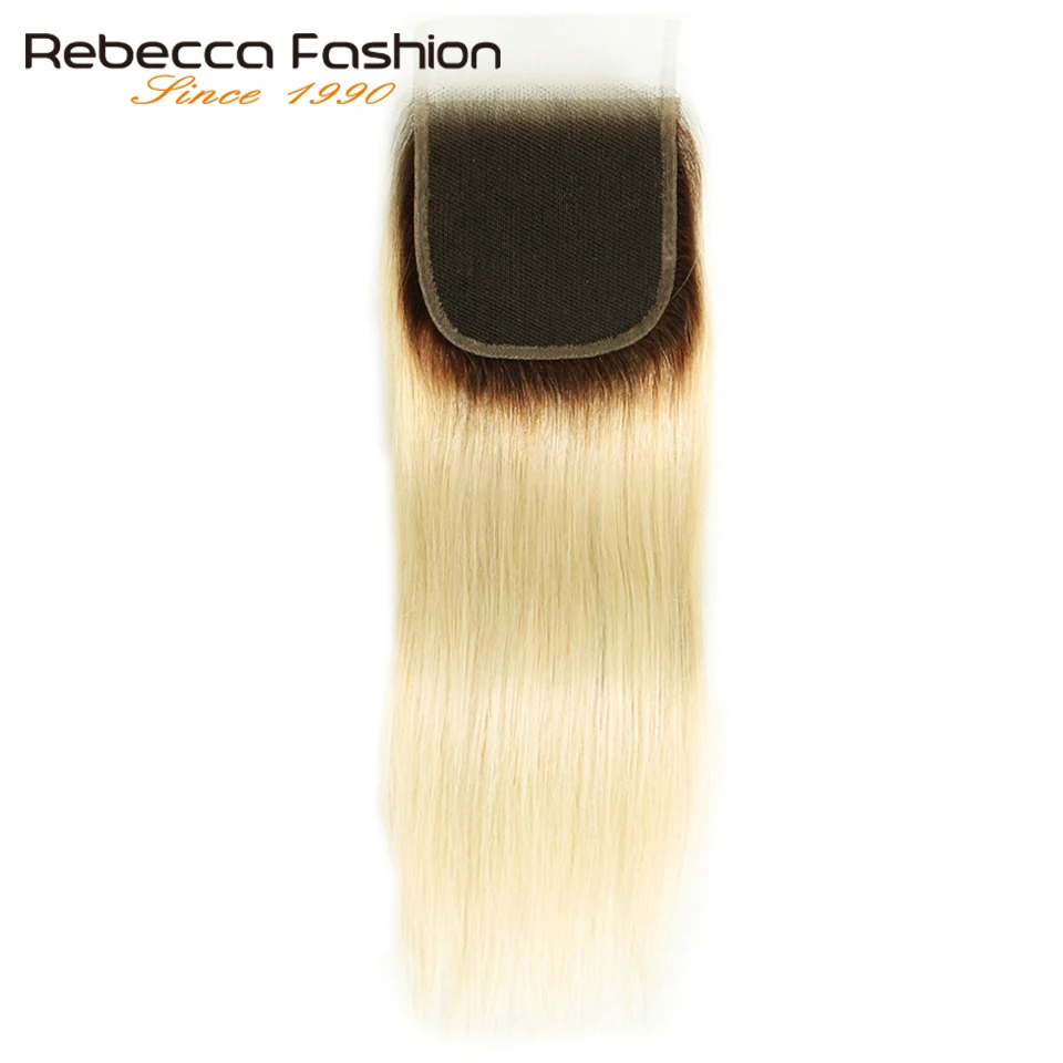 Rebecca прямые T4/613 мед блонд тень-закрытие перуанский Реми человеческие синтетические волосы 4x4 кружева закрытие