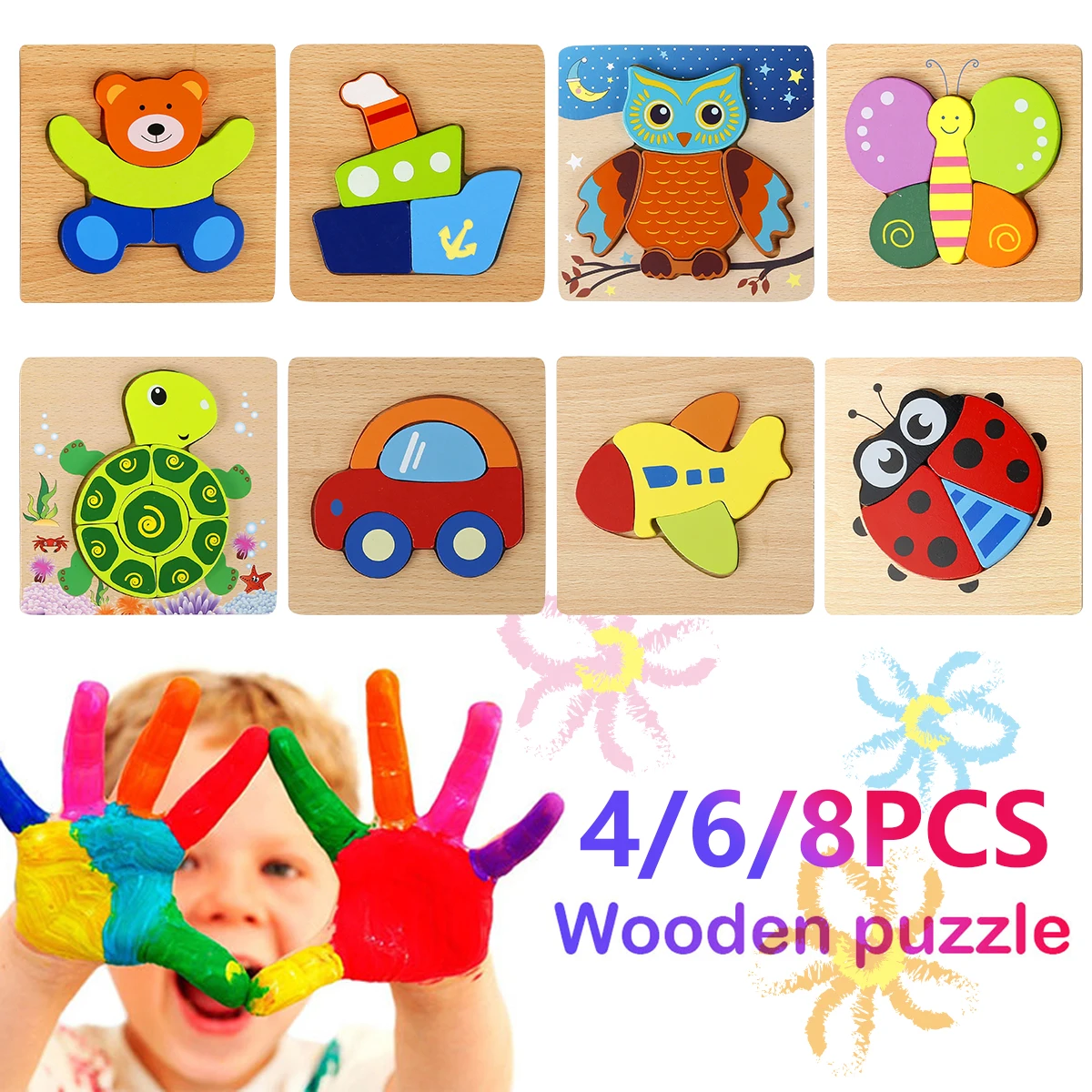 

4/6/8pcs 3D Wooden Puzzles Educational Cartoon Animals Early Learning Cognition Intelligence Puzzle Game For Children Toys