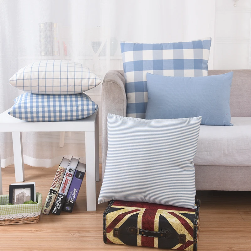 Funda de cojín a cuadros para sofá, cubierta sencilla de algodón y lino, Azul, Blanco, a cuadros