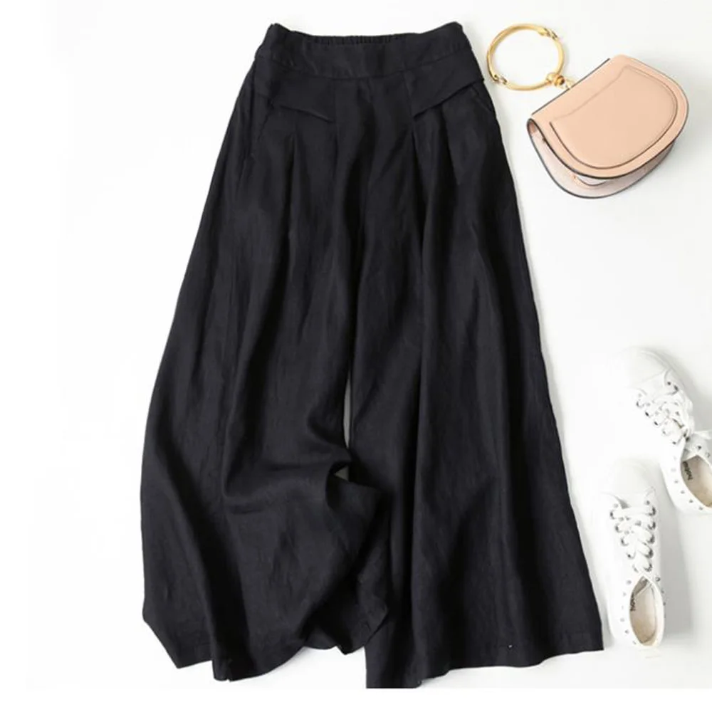 Брюки женские хлопково льняные с широкими штанинами повседневные модные