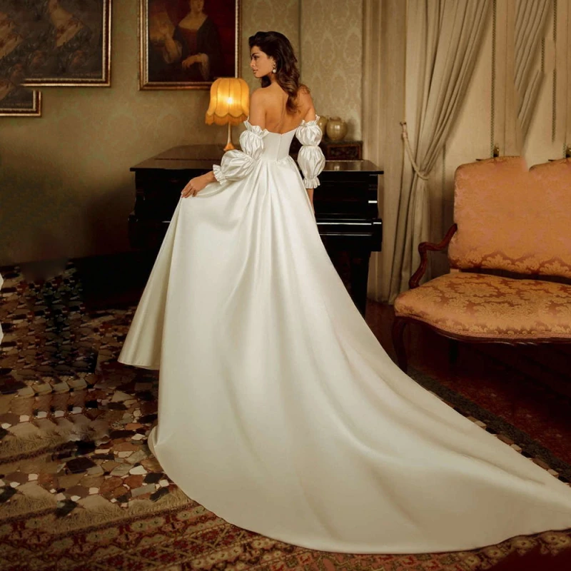 

A-Line Brides Dress U Neckline Long Lantern Sleeves Satin Bridal Gowns Elegant Dubai Simple Brides Dress Custom Made