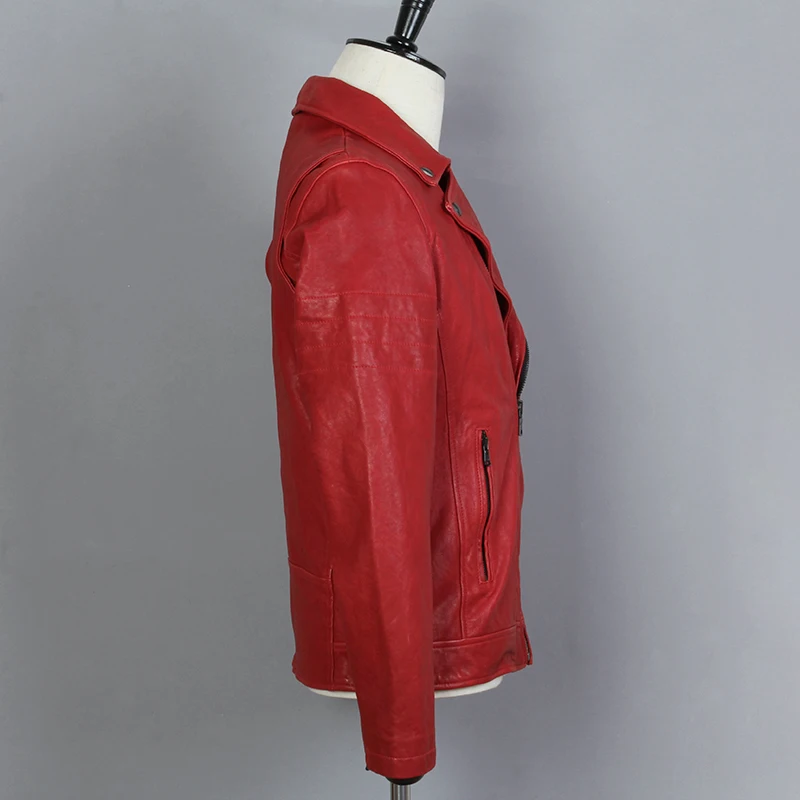 

Genuine Leather Fashinon Jacket Men Slim Fit Red Sheepskin Motorcycle Coat Male Lapels Diagonal Zipper Short Clothing