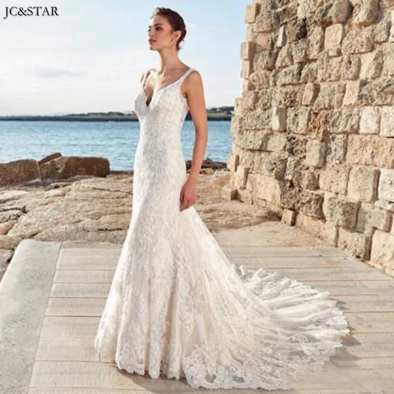 Женское свадебное платье с юбкой годе кружевное V образным вырезом и длинным