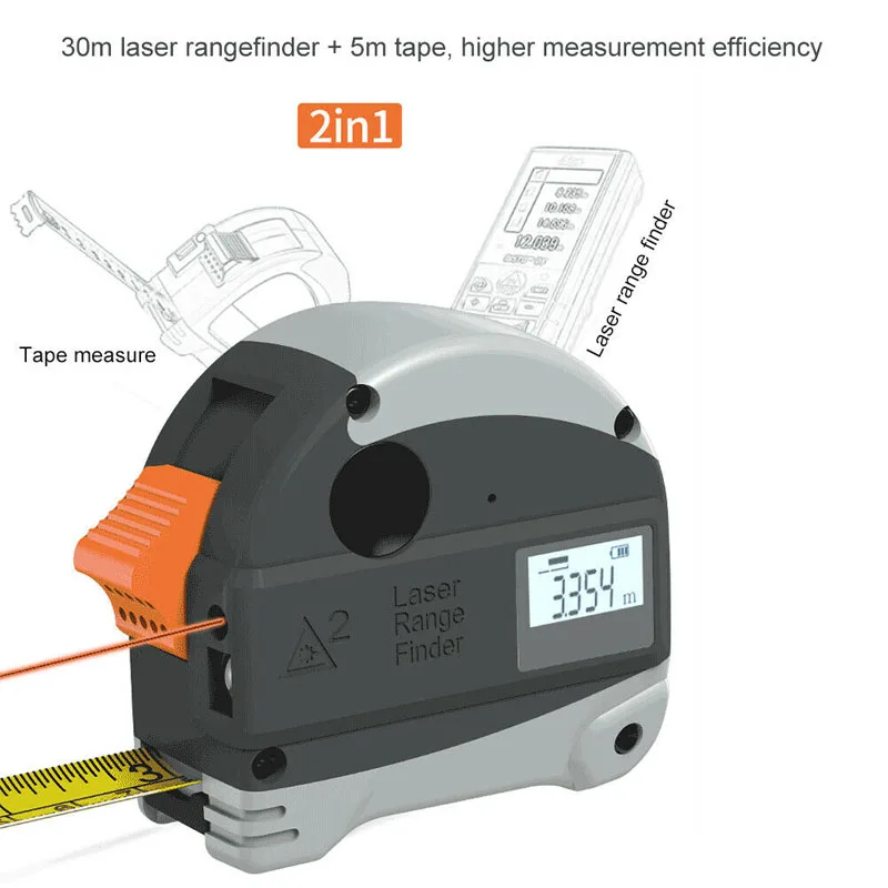 

2 in 1 LCD Display 30m Red Laser Rangefinder + 5m Tape Electronic Laser Ruler Digital Tapes 30M/5M Range Finder Measure Tool