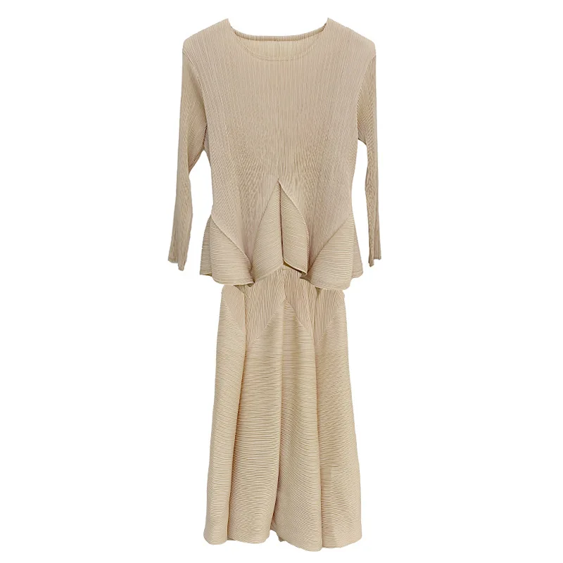 

LANMREM Green Beige Suit Round-neck Pleated Loose Casual Pullover Long-sleeved Top+ankle-length Skirt Female Fashion Tide 2A1446