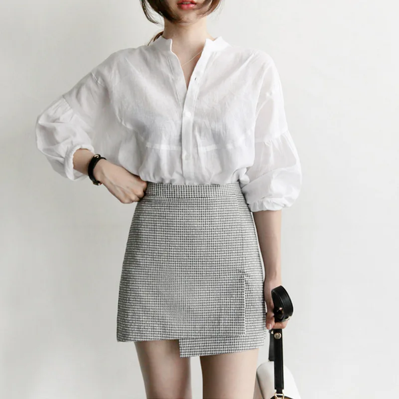 Фонарь белая рубашка с длинным рукавом Женские топы и блузки 2020 стенд воротником