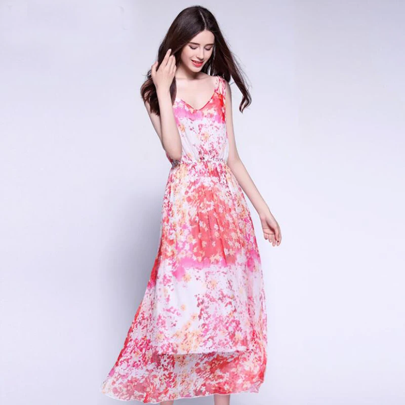 

2021 Женская одежда, шелковое платье из чистого шелка с принтом, v-образным вырезом и поясом, Пляжное летнее платье, Новинка