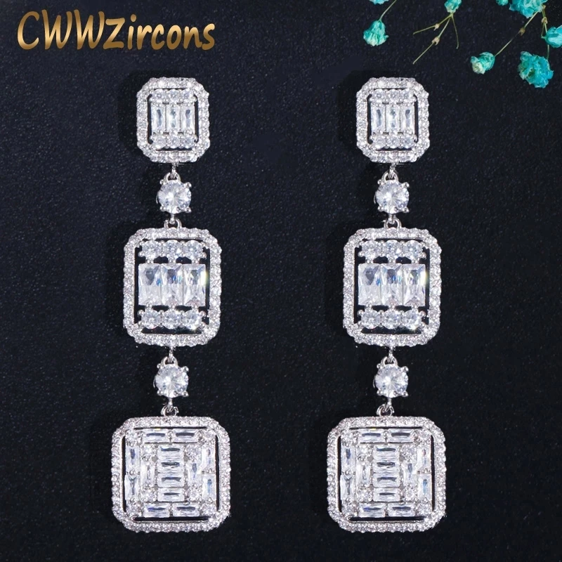 CWWZircons очень блестящие квадратные белые фианиты Топаз Серебряные длинные висячие