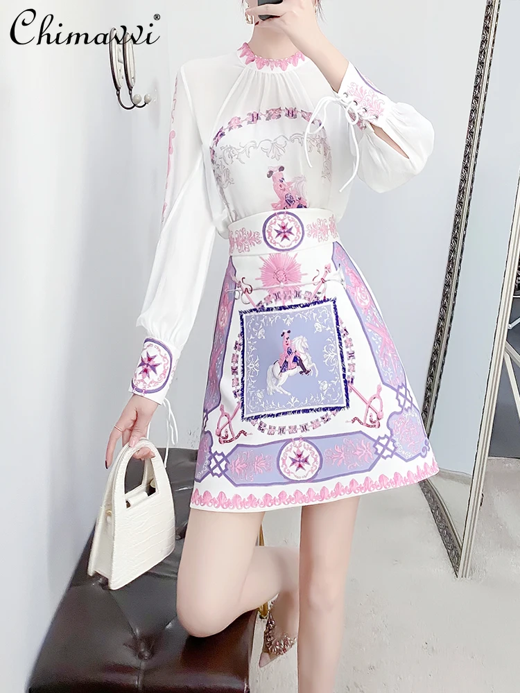 

Early Spring Autumn Wear Lady Fashionable Long Sleeve Slimming Shirt Women High Waist A Line Skirt Two Pieces Skirt Suit