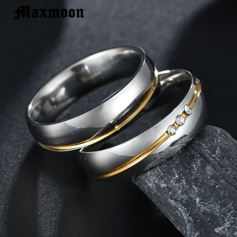Maxmoon 2019 New Gold color Stainless Steel Wedding Bands Shiny Crystal Ring for Female Male Jewelry 6mm Engagement | Украшения и