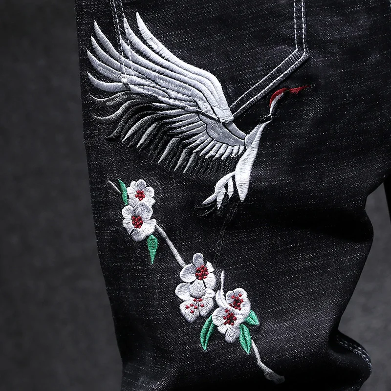 Мужские прямые джинсы в стиле хип-хоп китайские облегающие байкерские с вышитой