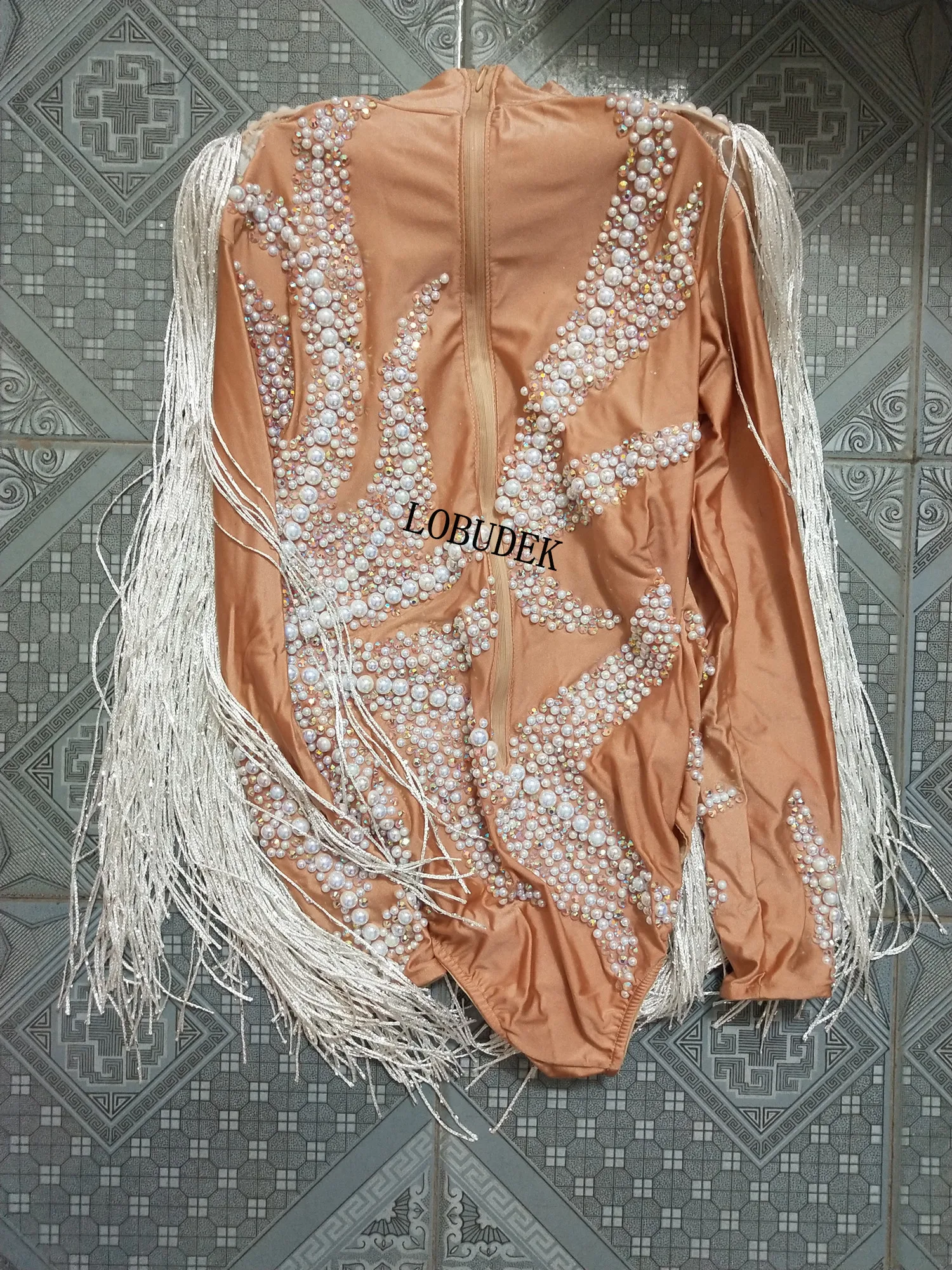 Full Rhinestone Pearl White Long Tassel Bodysuit Lady Singer Nightclub Costume Dance Team Performance Stage Wear Fringe Bodysuit