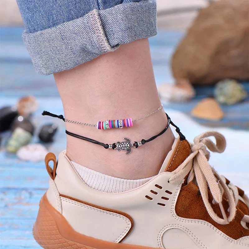 IYOE 2pcs/Lot Boho Vintage Turtle PU Ankle Bracelets For Women Colorful Soft Clay Chip Chain Bracelet Anklet Friendship Summer | Украшения