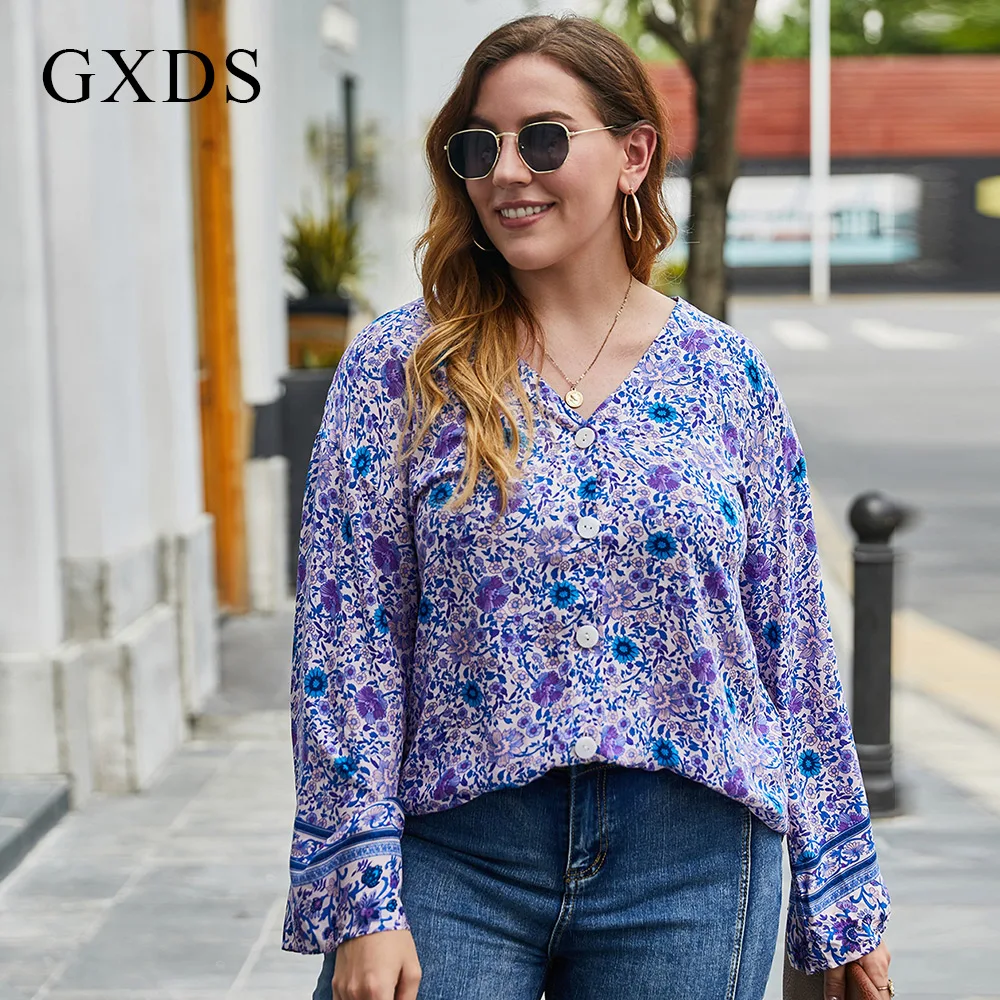 Женская блузка с цветочным принтом V-образным вырезом и длинным рукавом | одежда