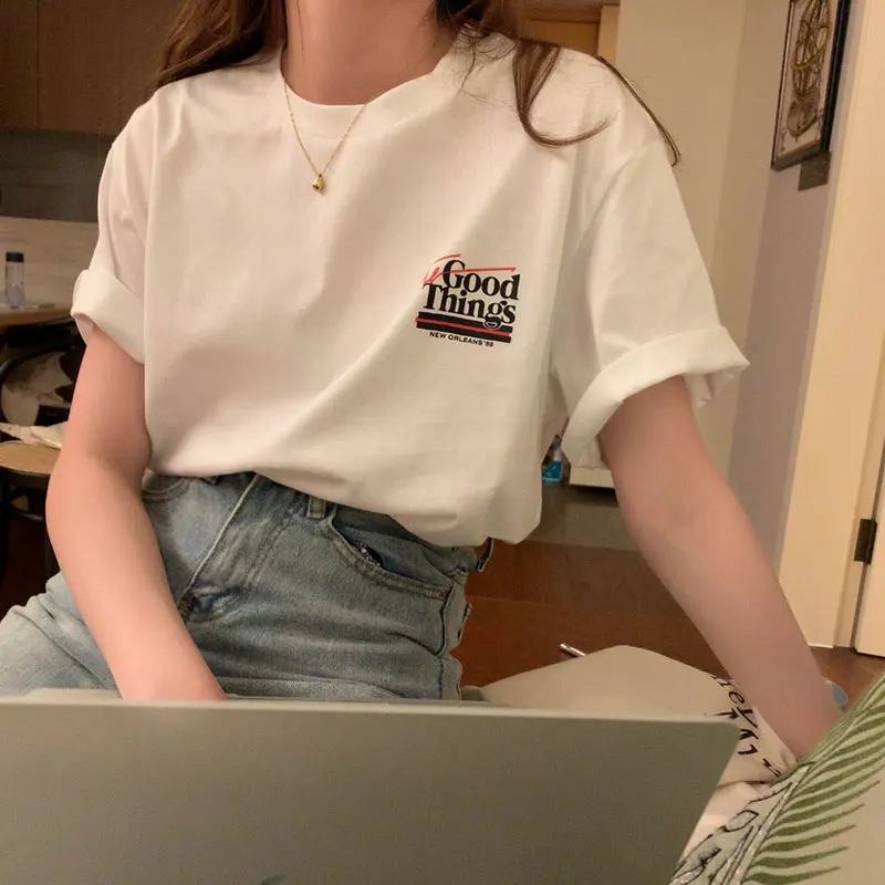 

Casual Summer T-Shirts Women O-Neck Short Sleeve Loose Letter Print Shirts Tops Korean Vintage Streetwear Boyfriend Cotton 2021