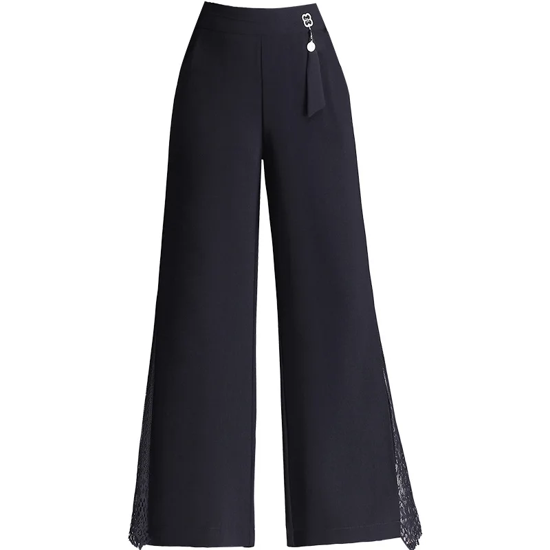 

Chiffon Wide-legged Pants Women's Summer Thin 2021 New High-waisted Side Split Stitched Lace Casual Straight Pants
