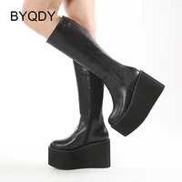 byqdy wedges high heels women knee high boots gothic style motorcycle boots concise soft leather female shoes plus sizes 35 43