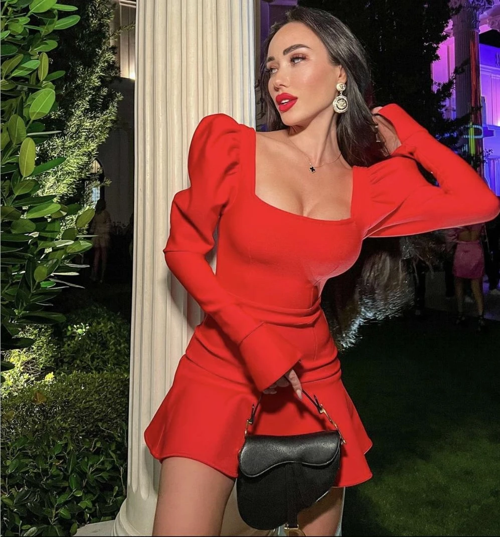 

Women Sexy Puff Long Sleeve Red White Black Bandage Dress 2022 Trumpet Fishtail Bodycon Evening Party Dress Vestido