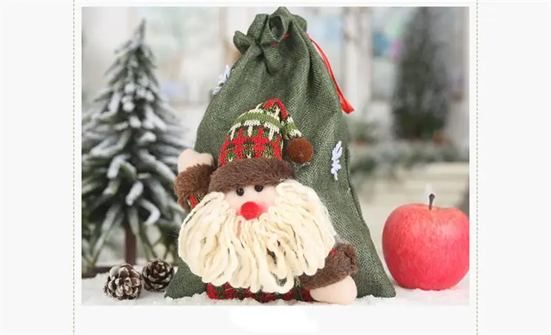 Новогодние рождественские украшения для дома, льняная Подарочная сумка на шнурке, большие конфетные рождественские мешки, праздничная мультяшная сумка Apple FZ167