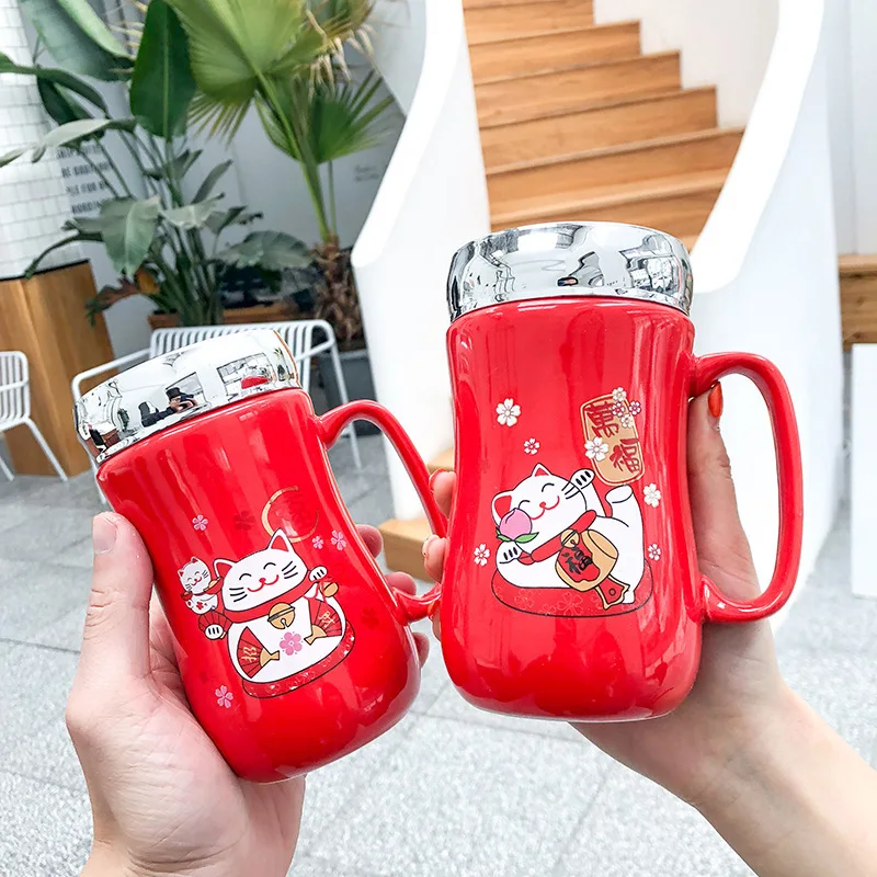Кружка большой емкости креативная Праздничная lucky cat зеркальная керамическая