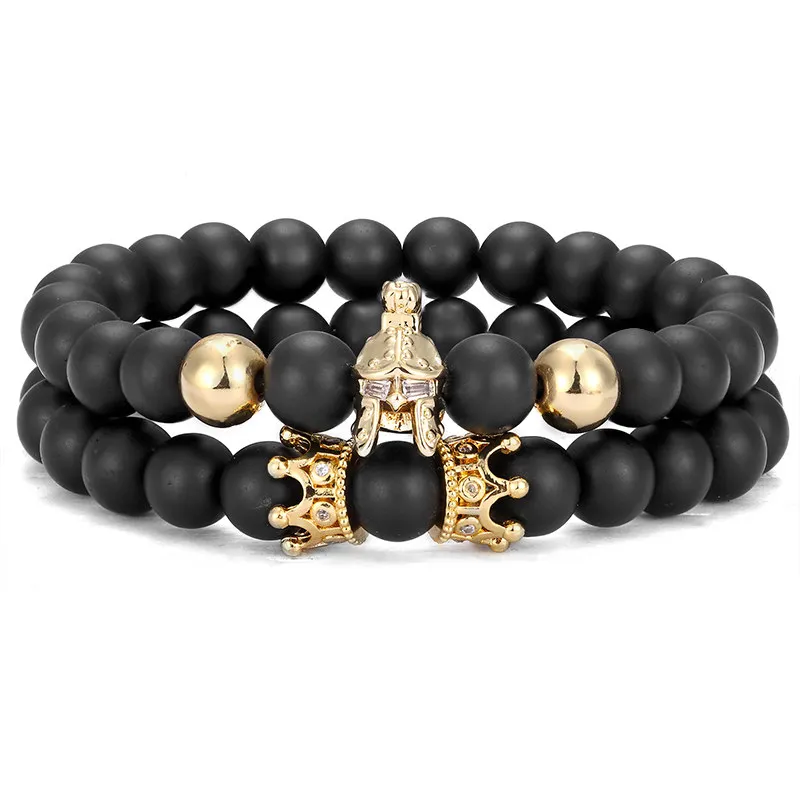 

2 pieces / set of fashion charm bracelet men's Spartan warrior helmet stone beaded bracelet men's and women's simple jewelry