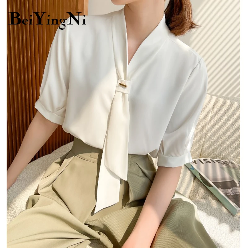 

Beiyingni Fashion Chiffon Blouses Womens White Plain Bow Elegant Korean Blusas Female Casual Chic Tops Office Ladies Streetwear